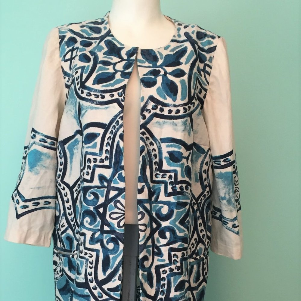 Chico’s Linen Soutache Floral Jacket – Blue & Cream, Size 1 (M)